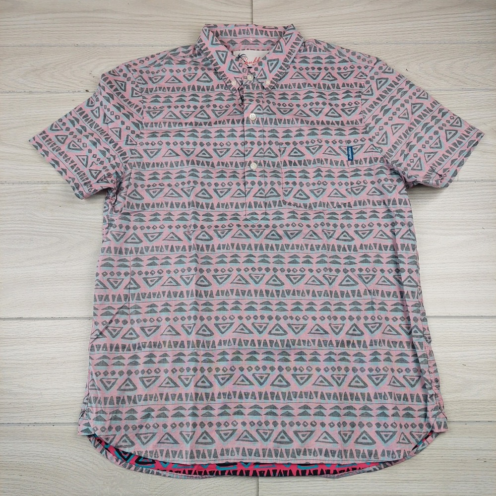 Chubbies Button Down Shirt Mens Medium Pink Geometric Tribal Short Sleeve Cotton